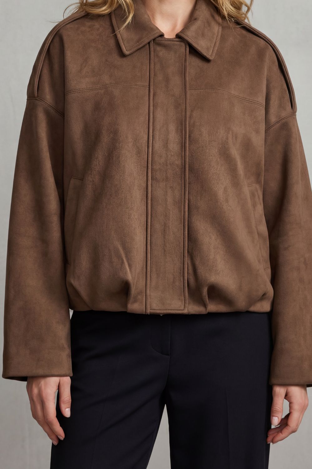 Solenné | Women's Sculpted Volume Suede Bomber Jacket