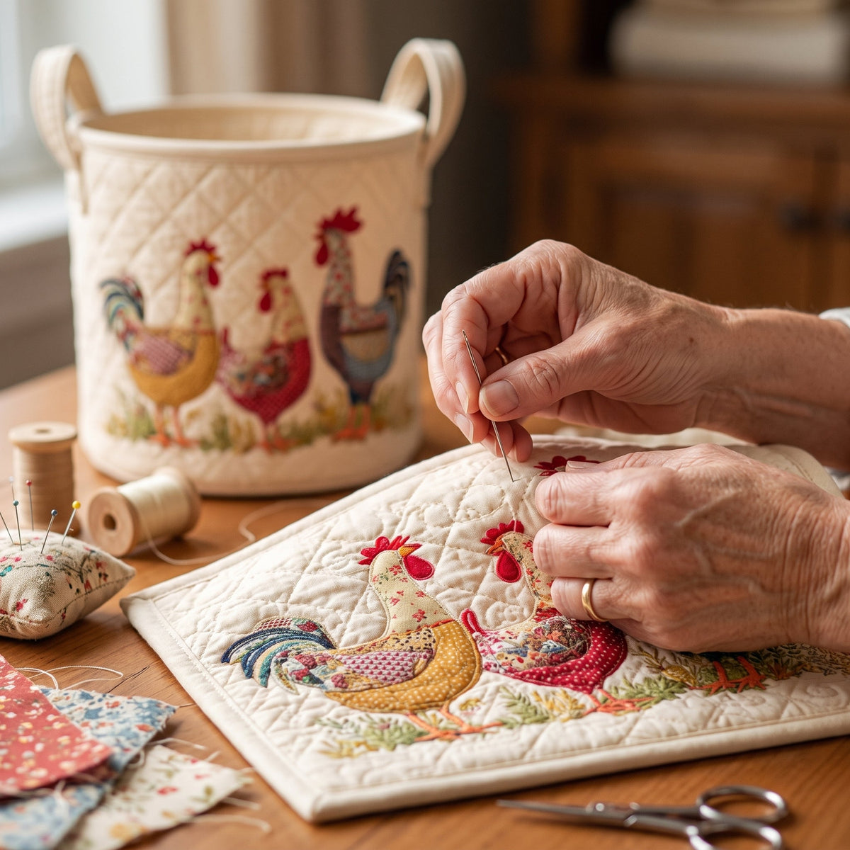 Cheerful Chicken Coop Quilted Basket