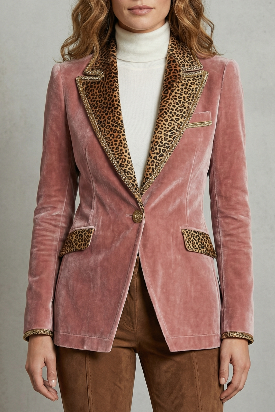 Léovelle | Women's Leopard Contrast Elegant Cut Velvet Blazer