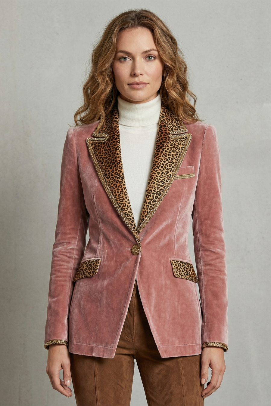 Léovelle | Women's Leopard Contrast Elegant Cut Velvet Blazer