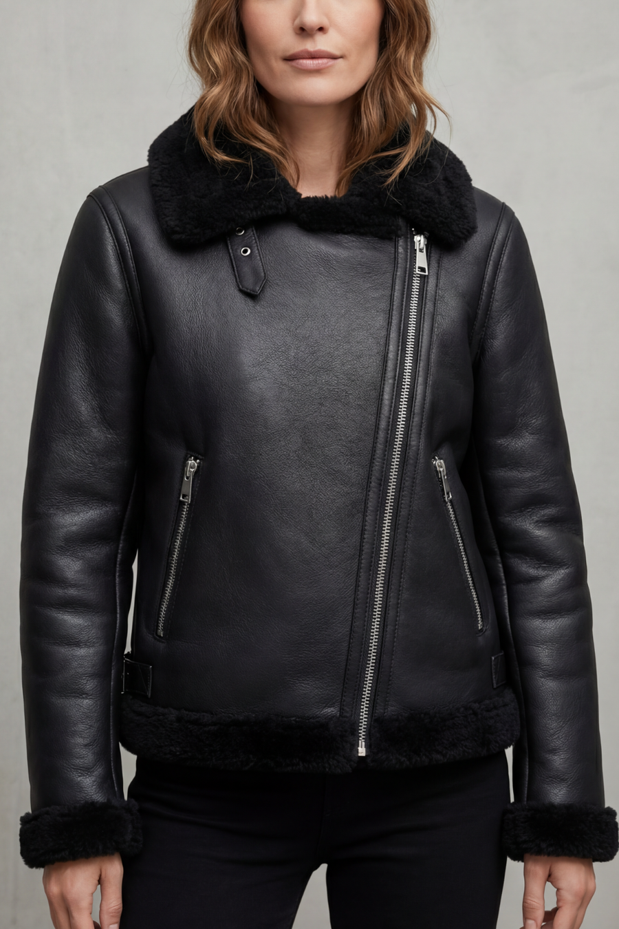 Noirellé | Women's Asymmetric Zip Shearling Biker Jacket