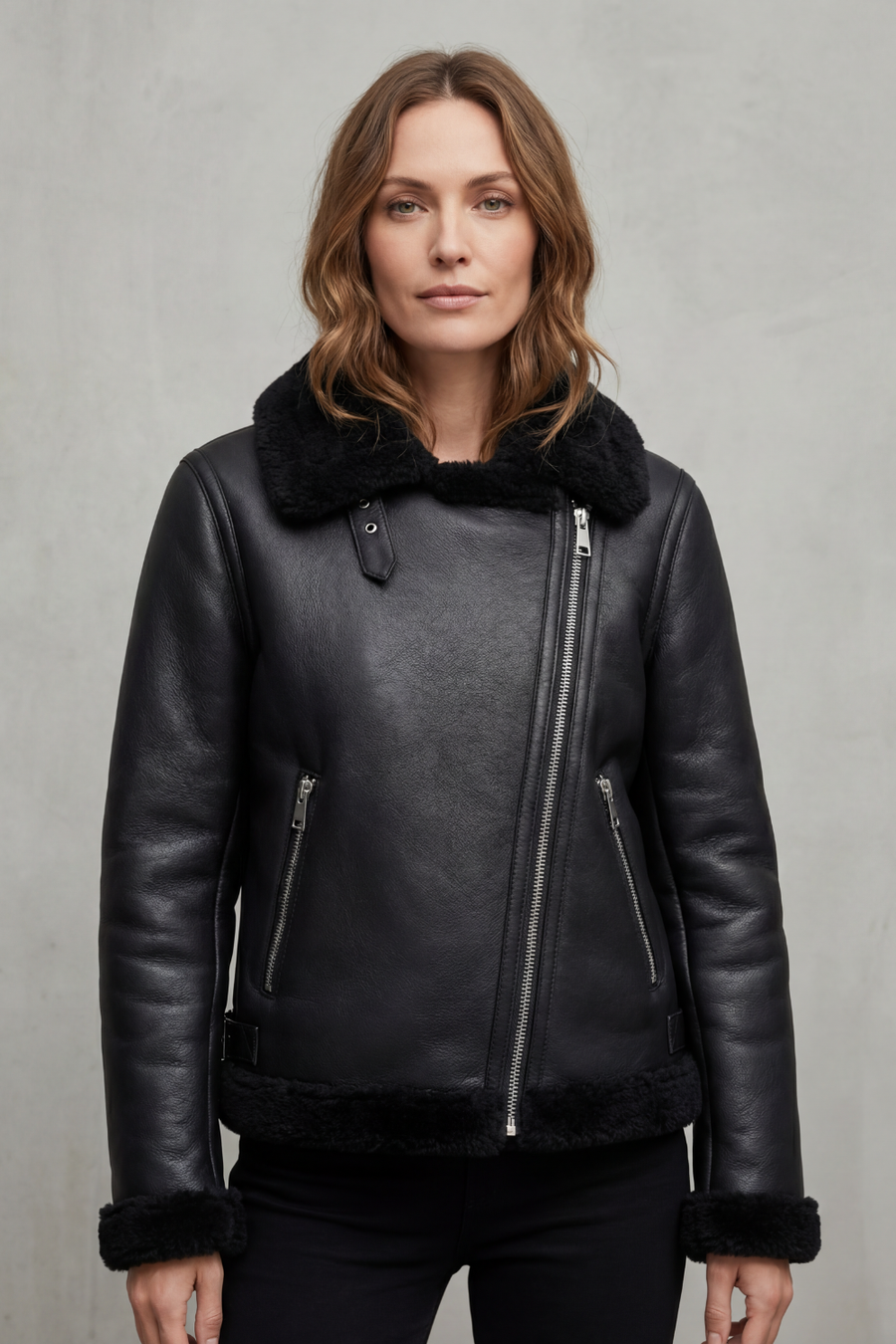 Noirellé | Women's Asymmetric Zip Shearling Biker Jacket