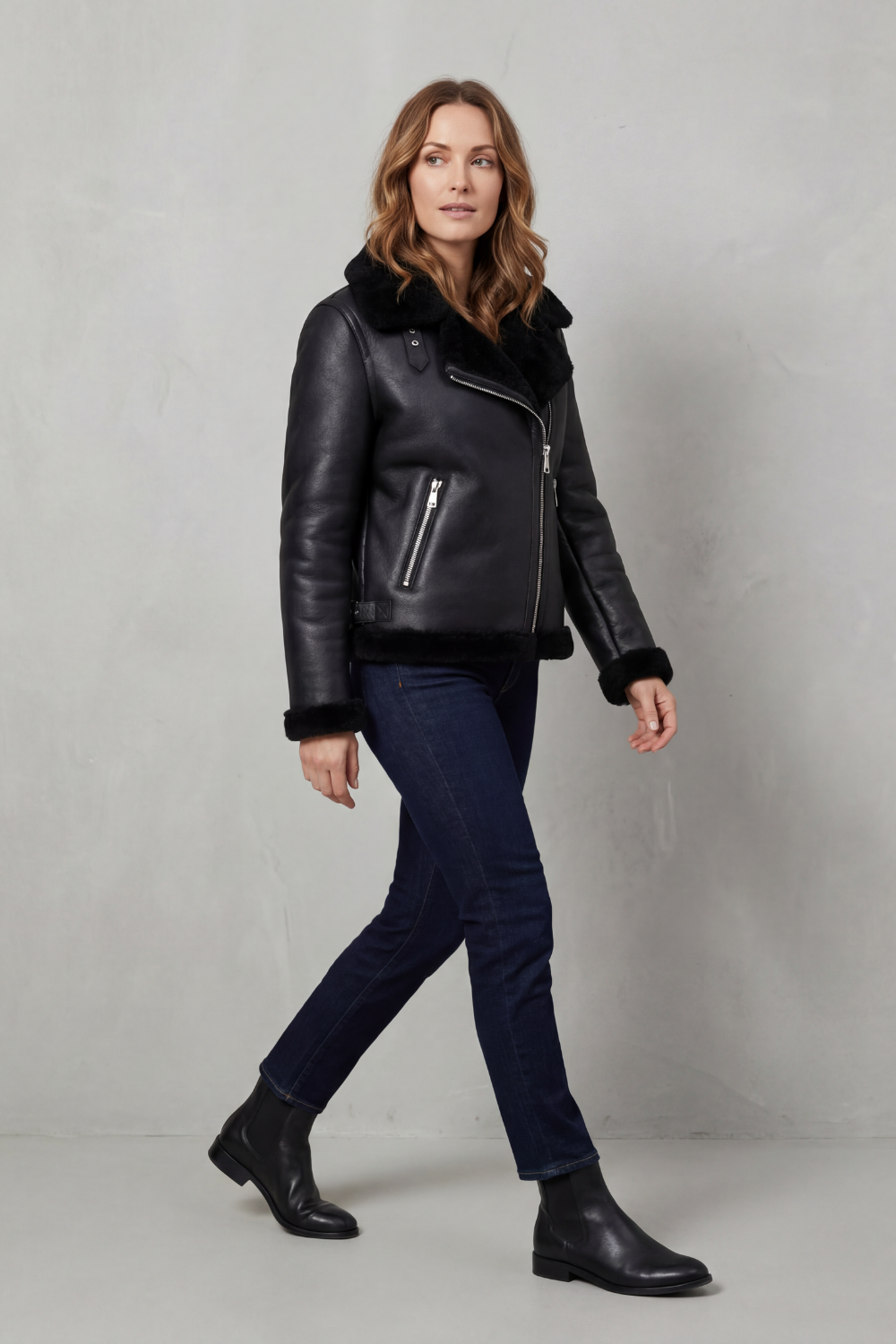 Noirellé | Women's Asymmetric Zip Shearling Biker Jacket