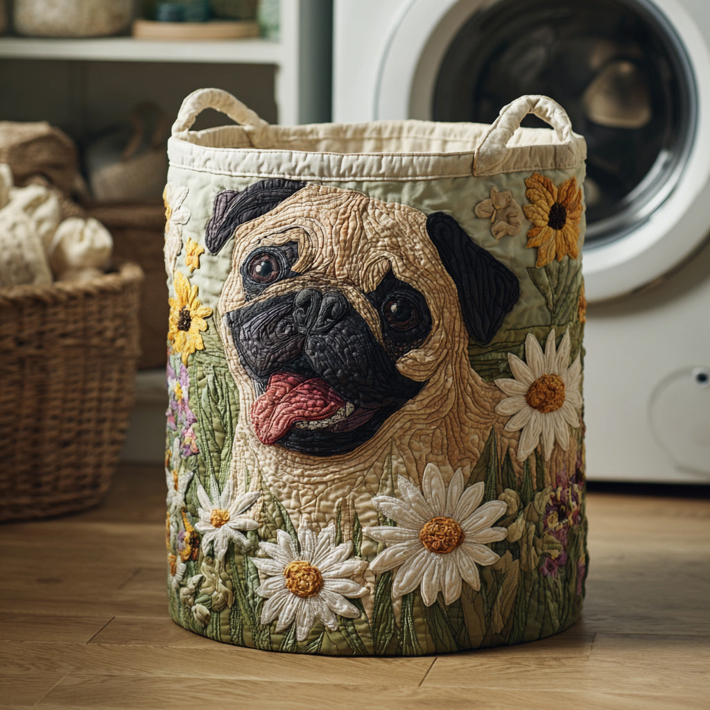 Pug Among the Daisies Quilted Basket