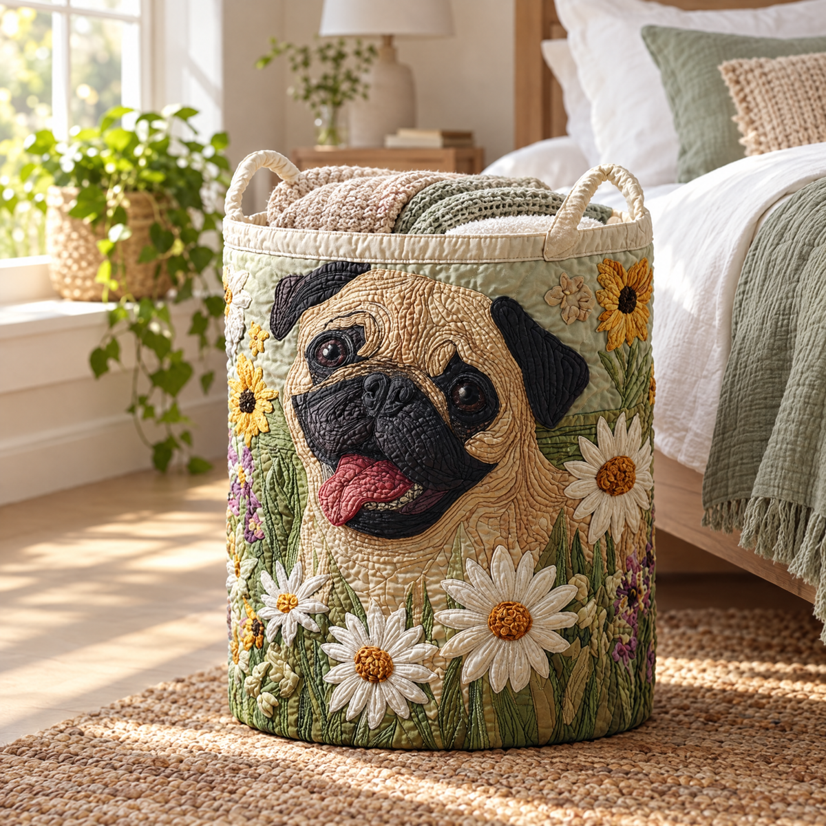 Pug Among the Daisies Quilted Basket