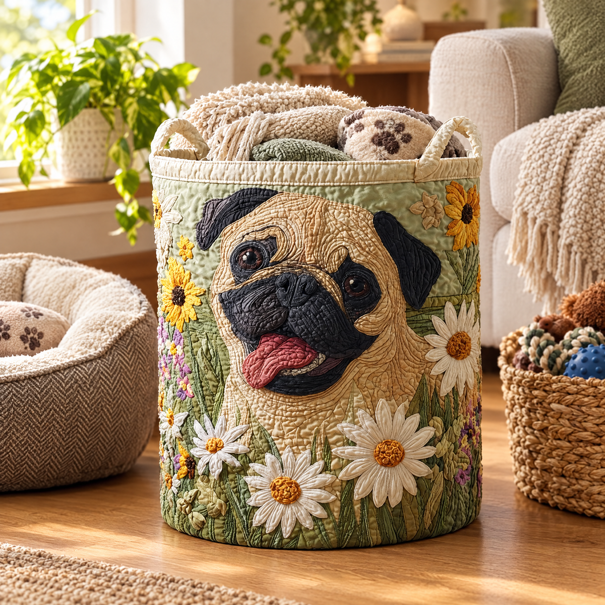 Pug Among the Daisies Quilted Basket