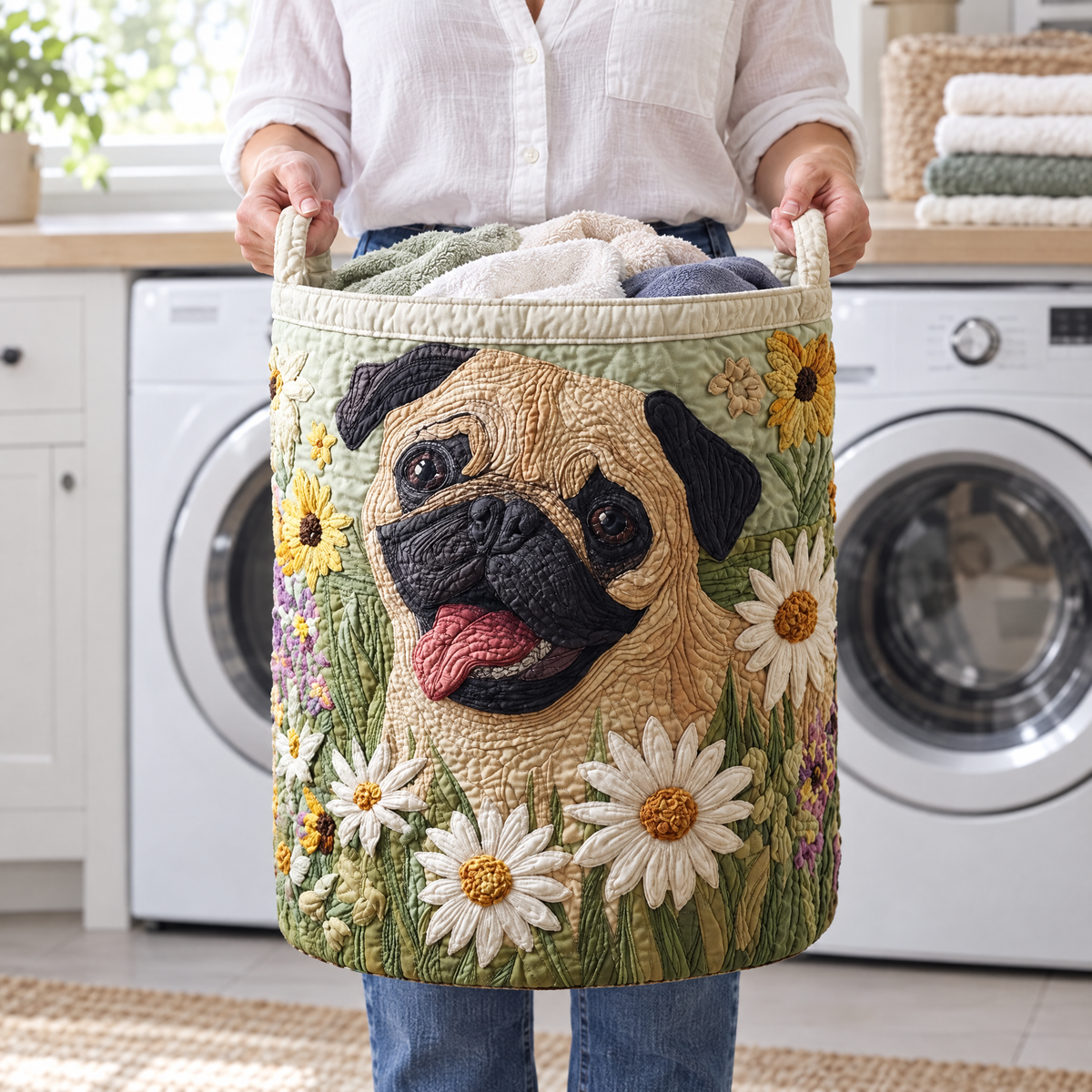 Pug Among the Daisies Quilted Basket
