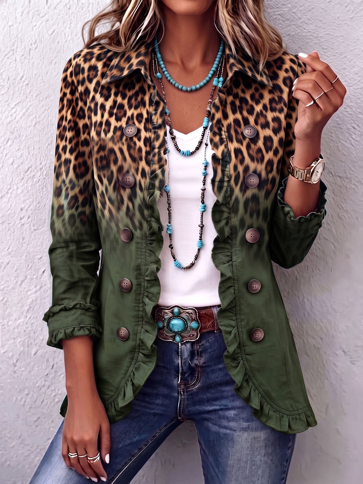 Elspeth | Women's Leopard Ombre Ruffle Blazer Jacket