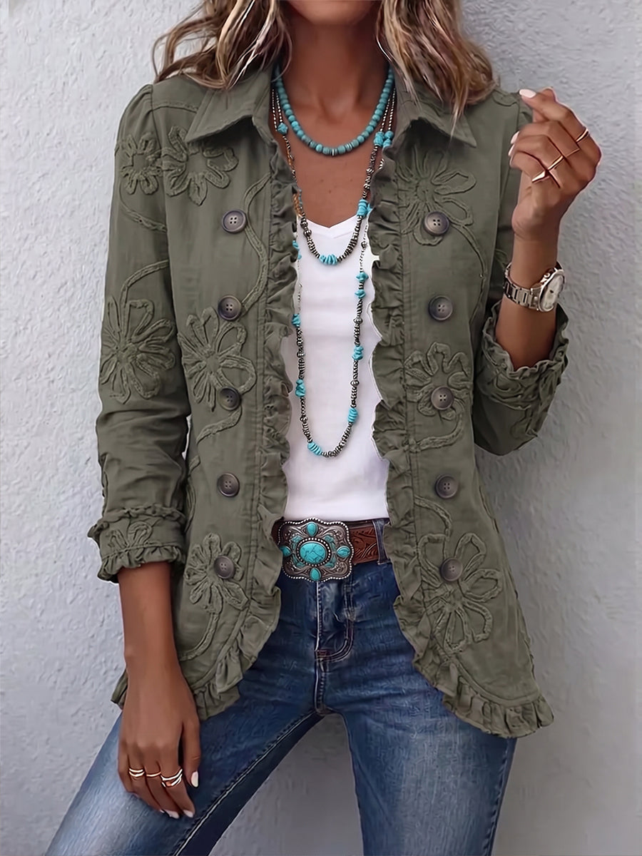 Kamberly | Women's Boho-Chic Floral Utility Ruffled Trim Jacket