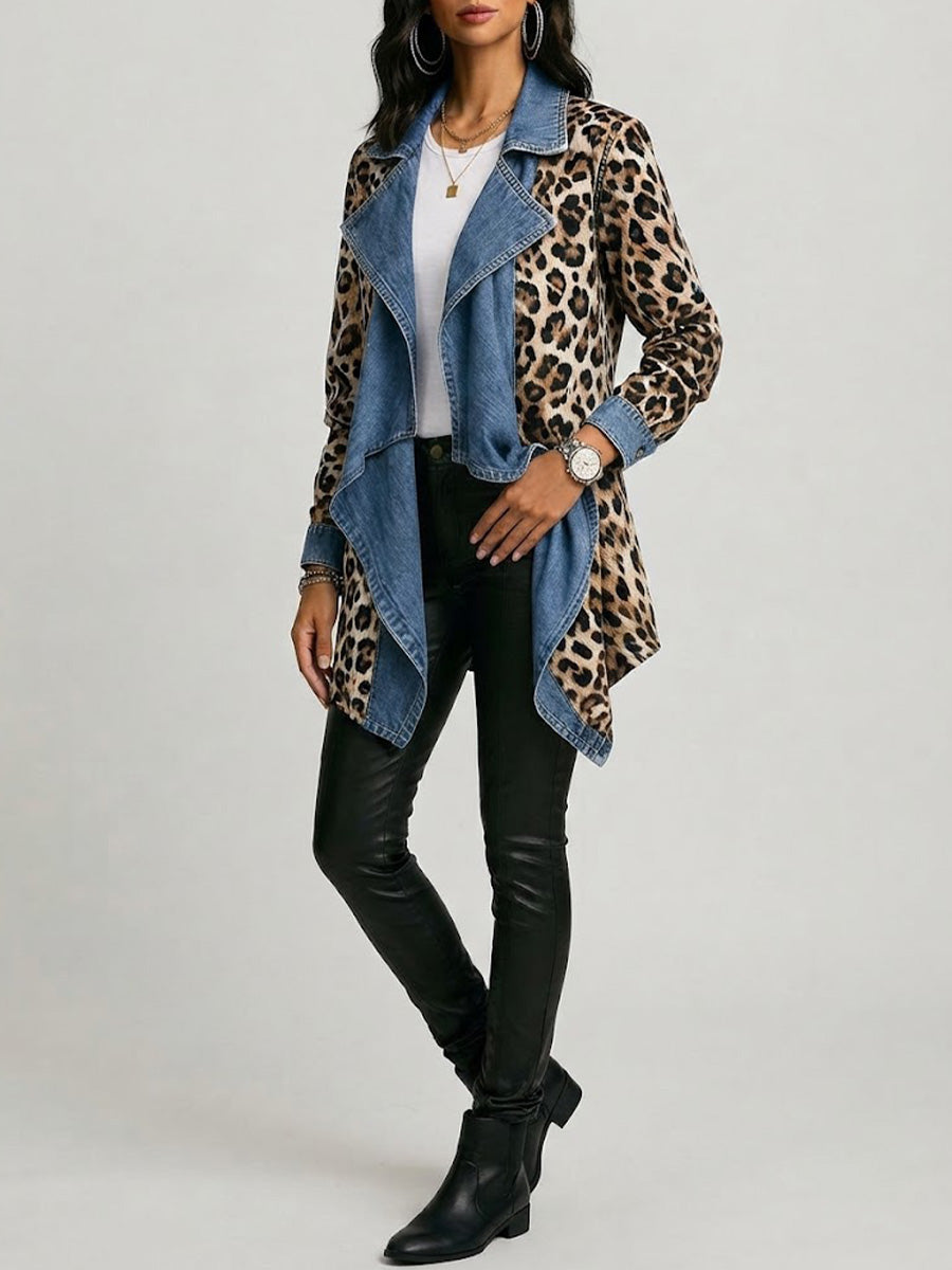 Sherilyn | Women's Leopard Print & Washed Denim Paneled Mid-Length Jacket
