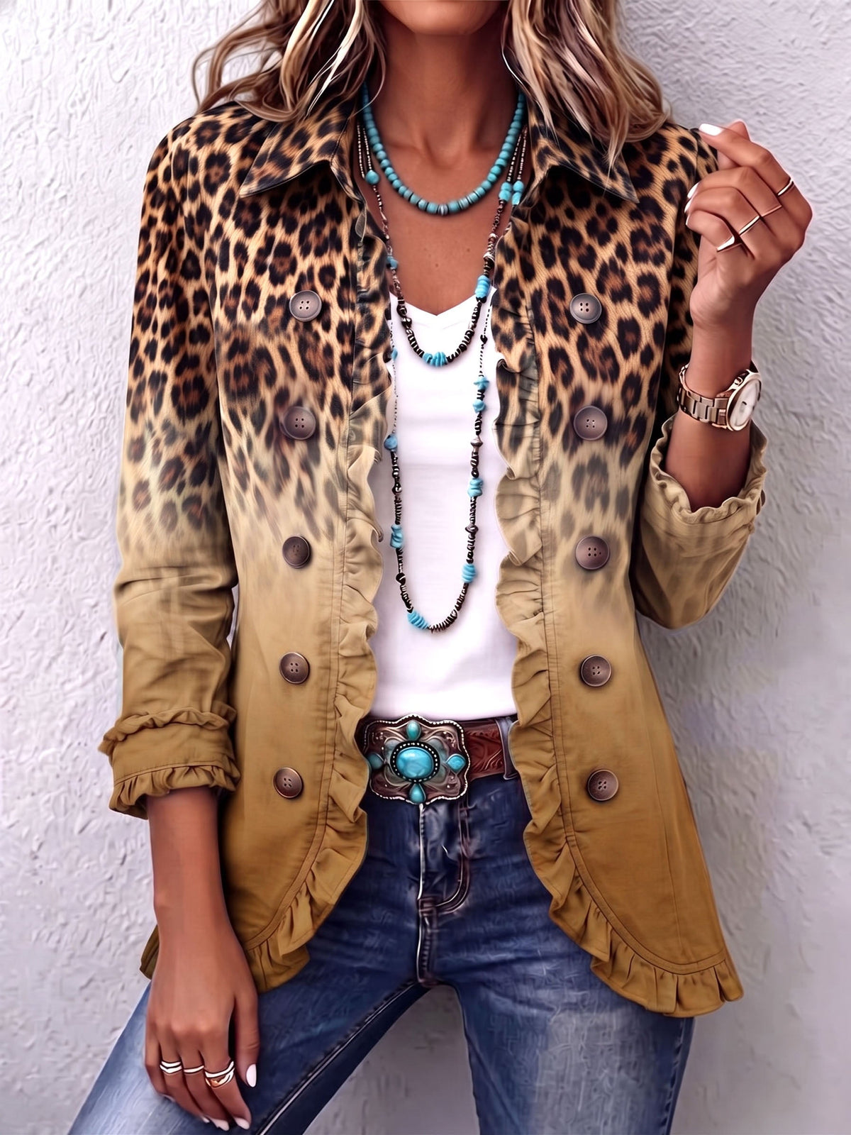 Elspeth | Women's Leopard Ombre Ruffle Blazer Jacket