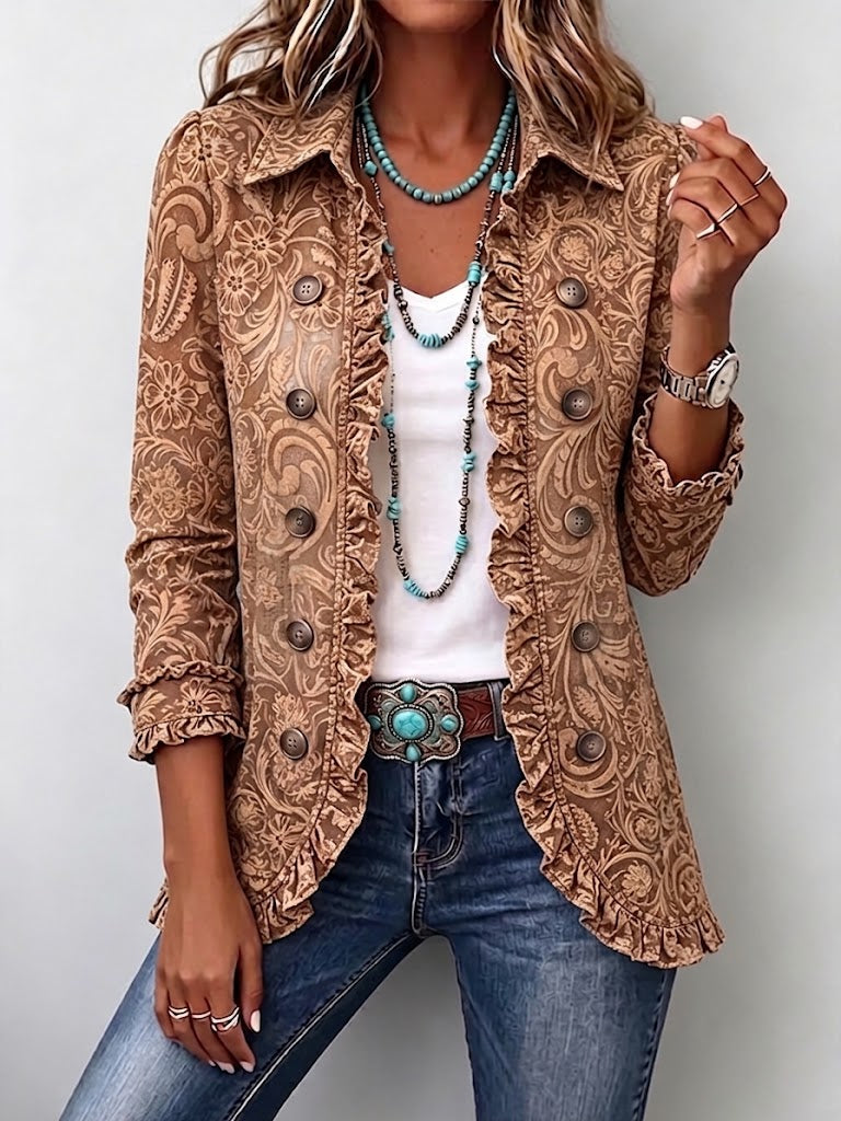Vyclara | Women's Vintage Bohemian Floral Print Ruffled Jacket