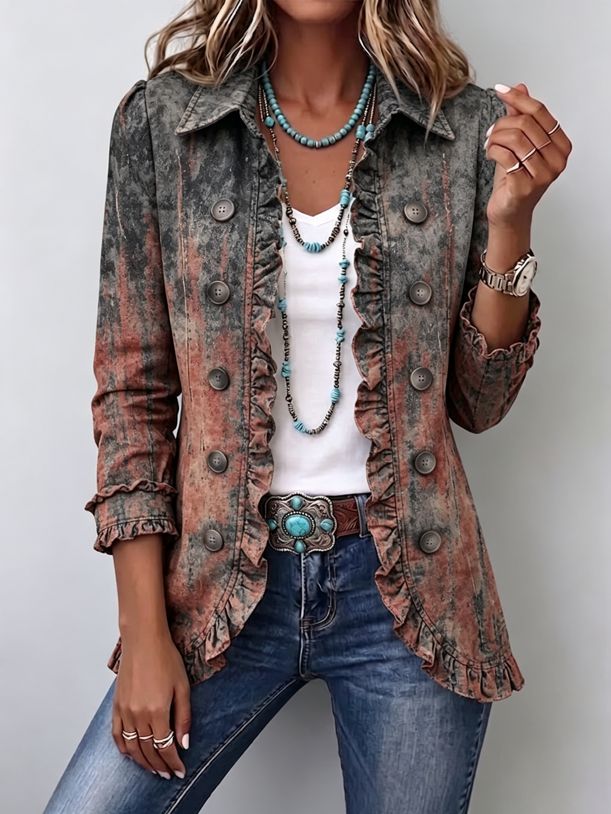 Bristow | Women's Vintage Gradient Textured Print Ruffle Jacket